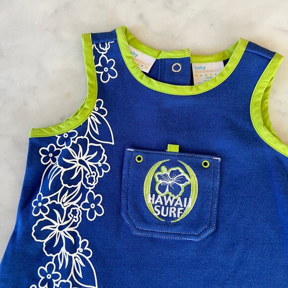 Vintage Y2K Hawaii Surf Hibiscus Flower Blue and Green Sleeveless Romper / 12 M - Picture 2 of 7